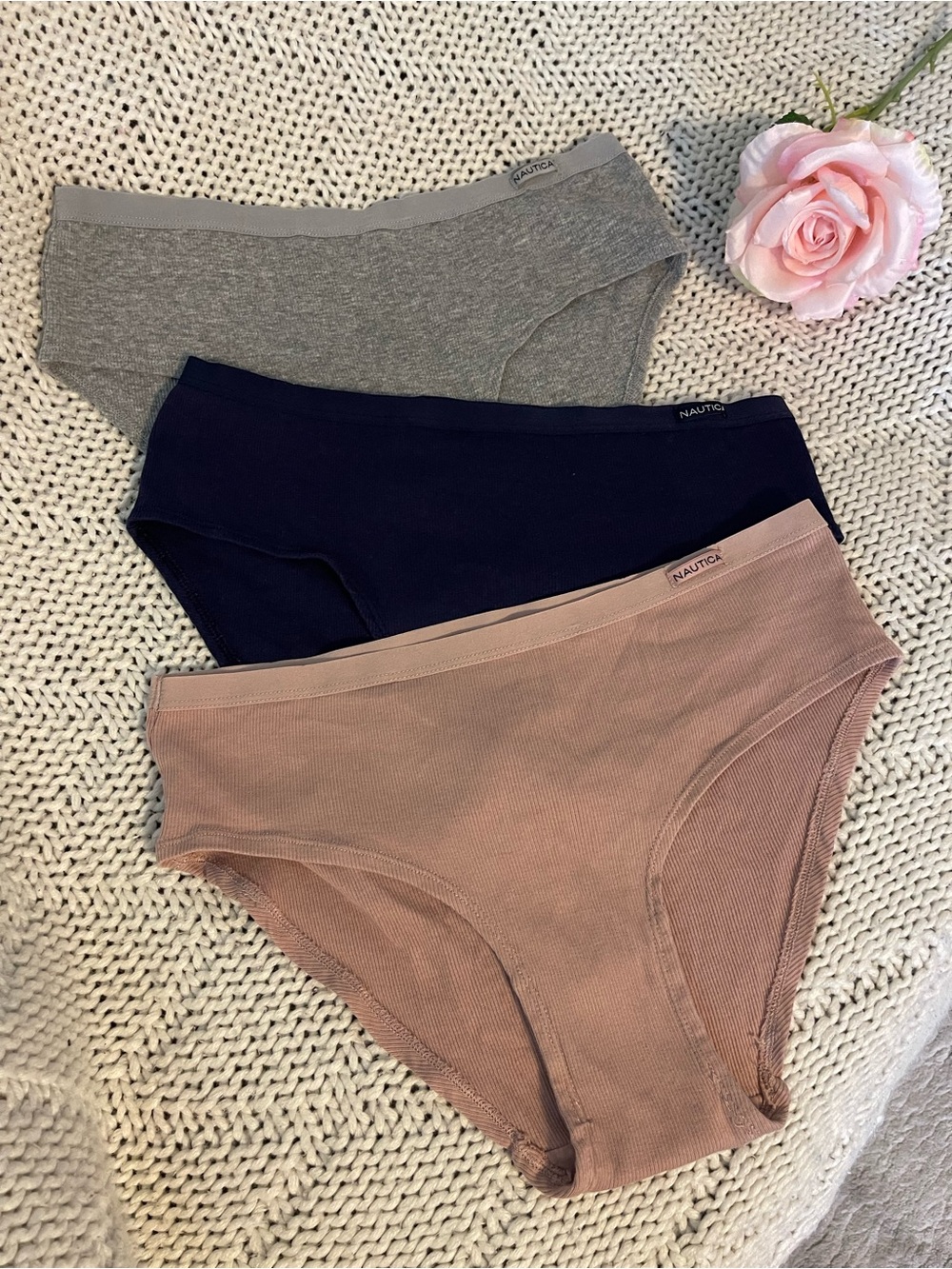 Nautica Intimates Ribbed Hipster Panties 3 Pack Women L Gray Navy Mauve Cotton